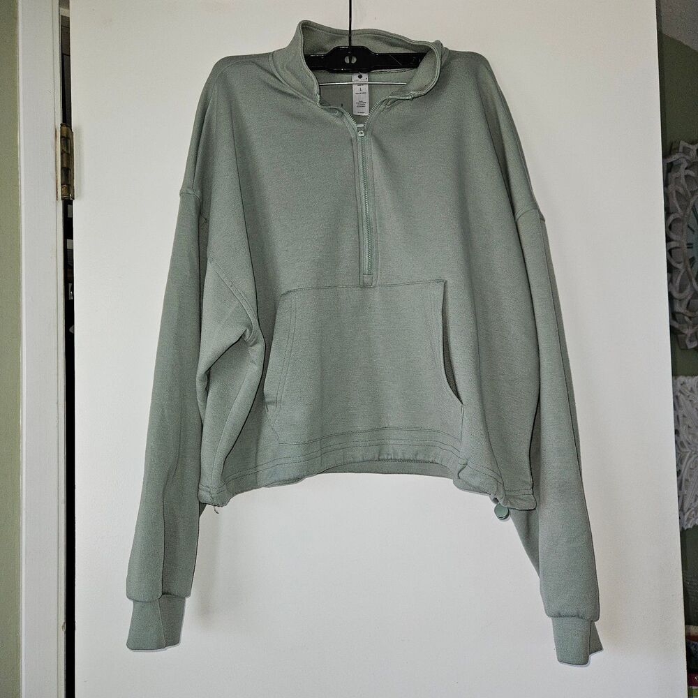 YOGALICIOUS Half Zip Cropped Kangaroo Pouch Sweatshirt Marine Green Large Cozy
